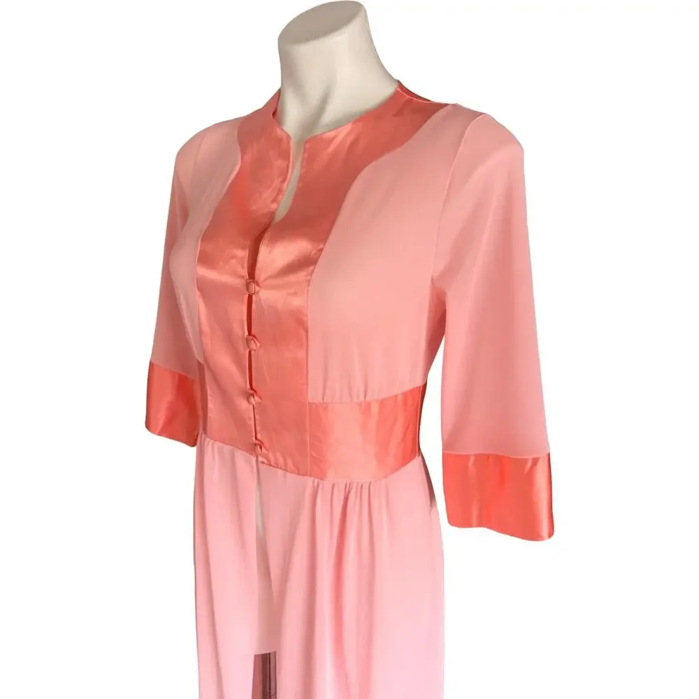 Vintage Gossard Artemis Nylon Peachy Colorblock Robe 1970s Satin Trim Medium